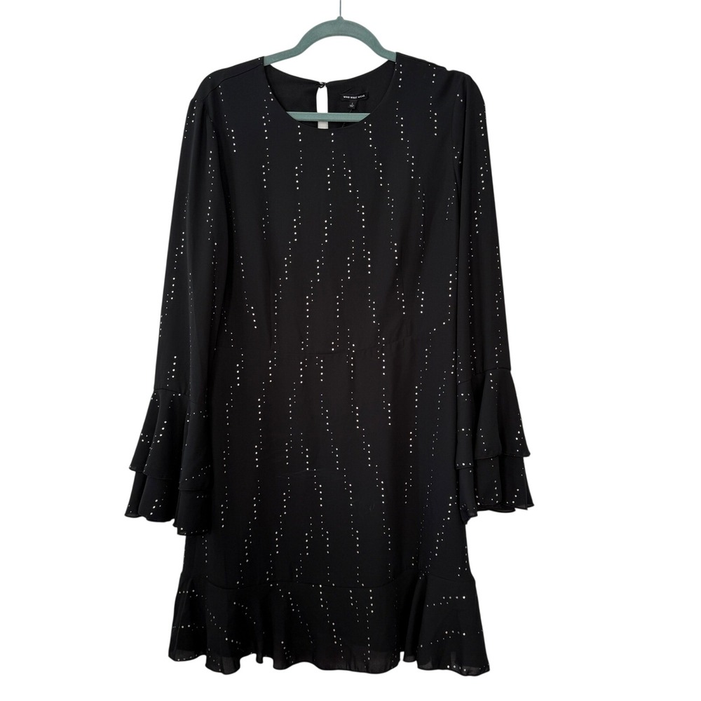 Who What Wear Jet Black Rain Dot Tiered Bell Sleeve‎ Ruffle Hem Dress L BNWT